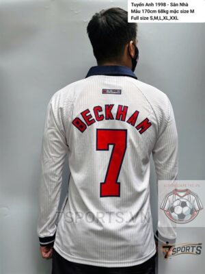 England Retro Jersey 1998 Long Sleeve Home Shirt Name Number Set #7 BECKHAM