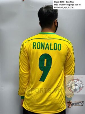 Brazil Retro Jersey 1998 Long Sleeve Home Shirt Name Number Set #9 RONALDO
